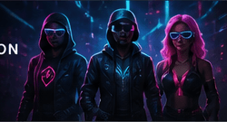 Three expressive avatars standing together in neon light